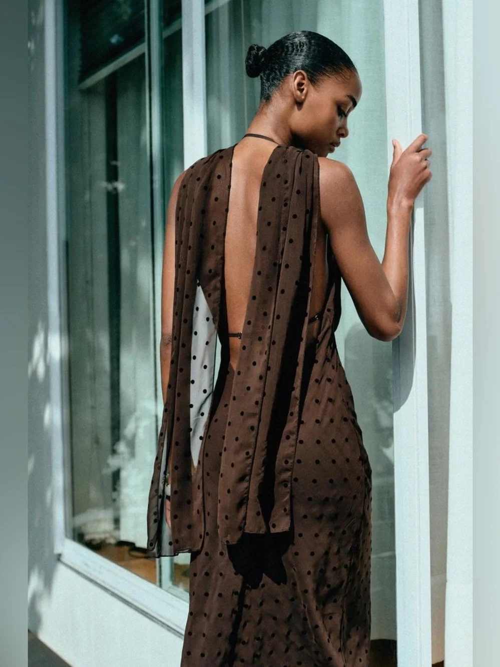 Zara Brown Polka-Dot Halter Maxi Dress w Scarf. M NWT - Picture 4 of 17